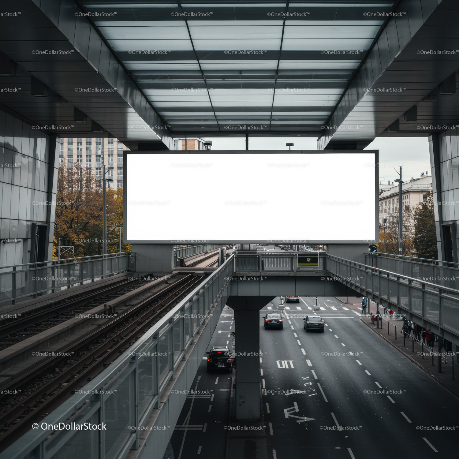 Empty modern billboard above urban railway and street