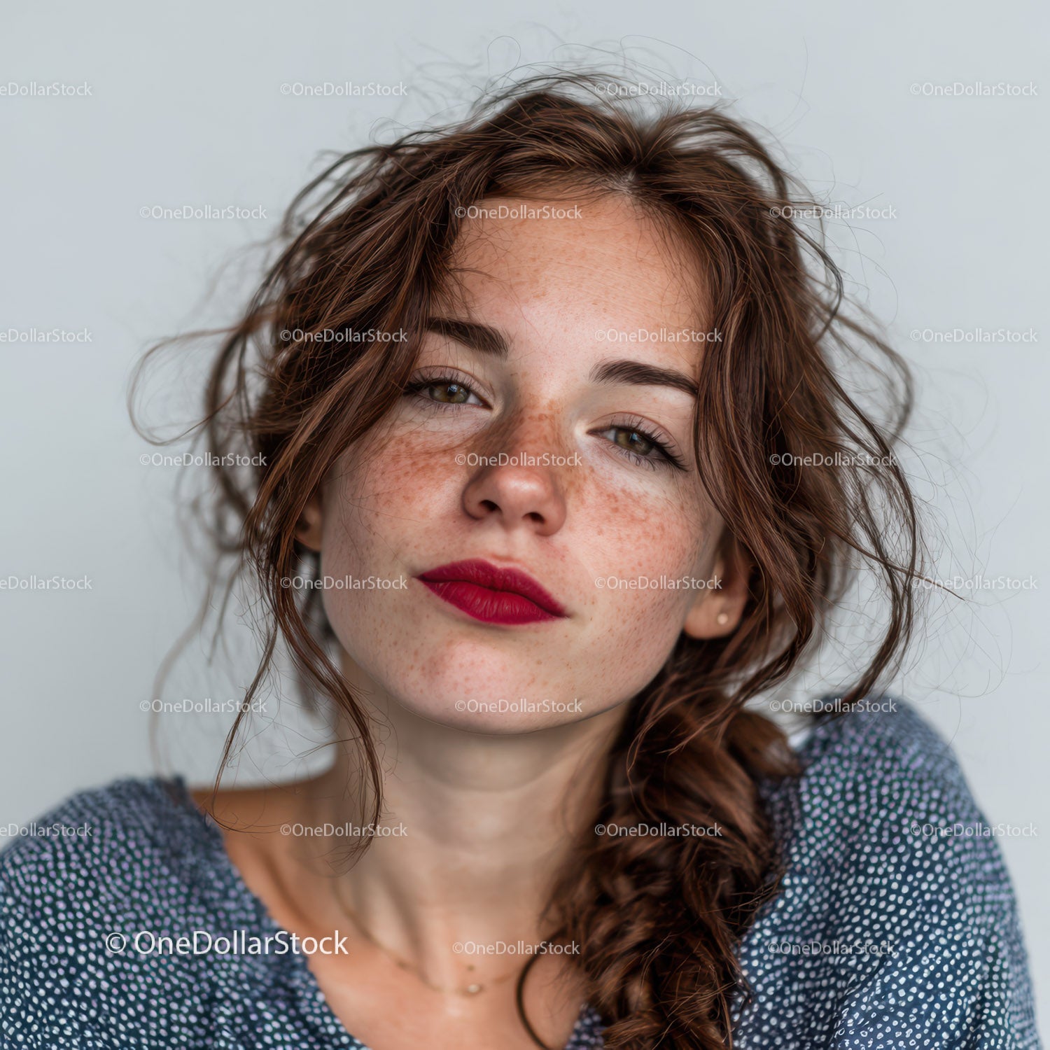 Portret rudowłosej kobiety z piegami i promiennym uśmiechem