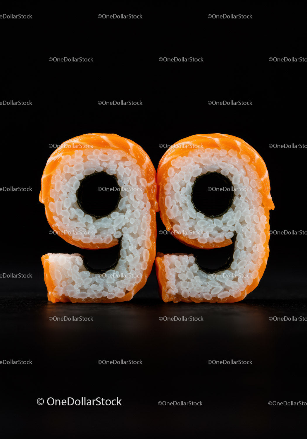 Sushi Rolls Shaped as Number Ninety Nine on Black