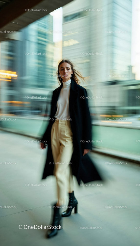 Dynamic Urban Fashion Scene with Confident Woman in Motion