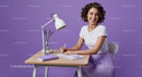 Happy Woman Writing Notes in a Stylish Purple Workspace