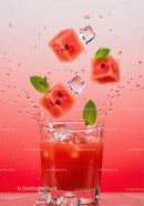 Refreshing watermelon cubes splashing into cold juice glass
