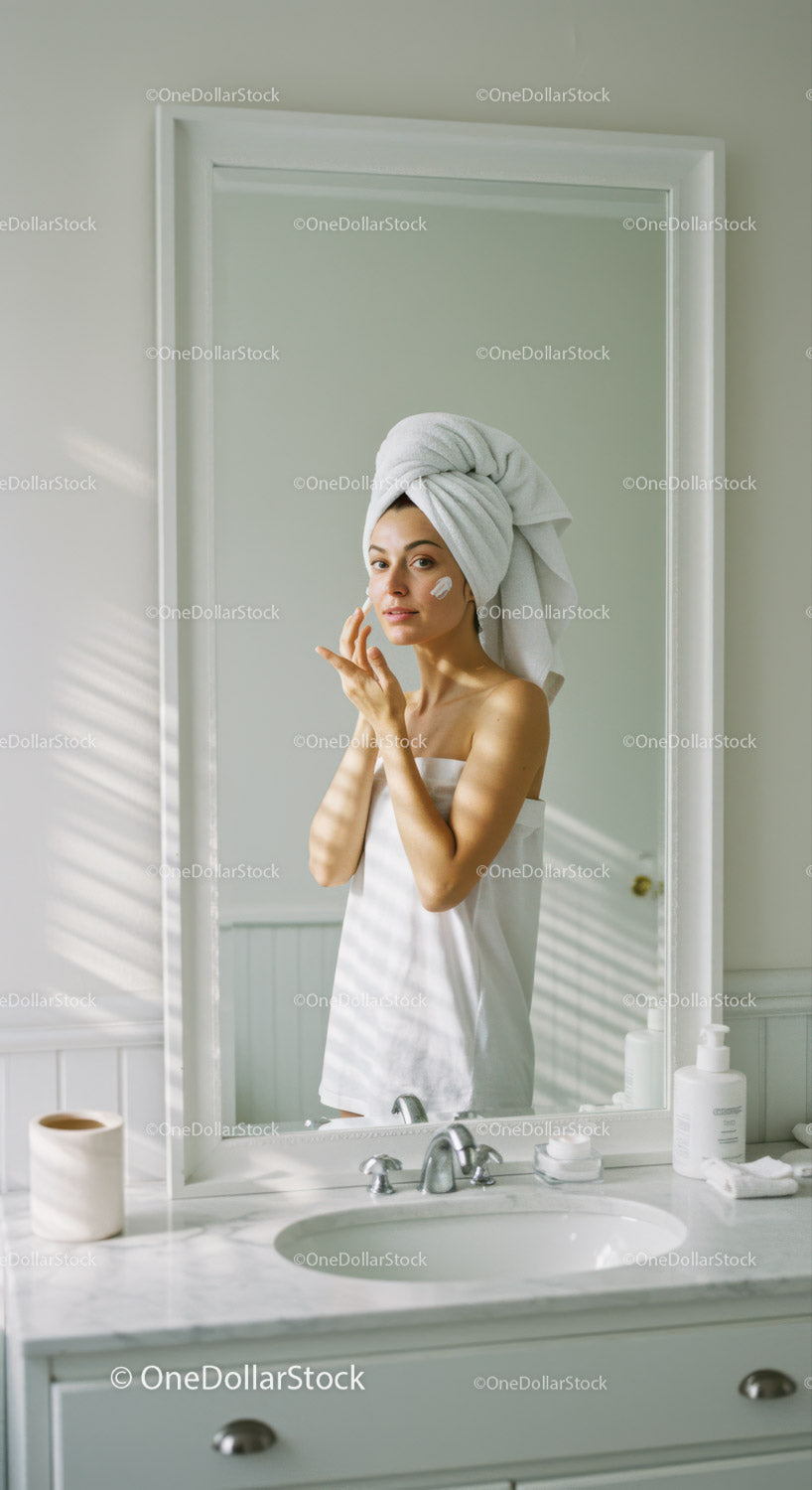 Elegant Woman in Bathroom Applying Facial Cream with Towel on Head