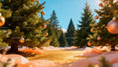 Golden Christmas ornaments on pine trees outdoors
