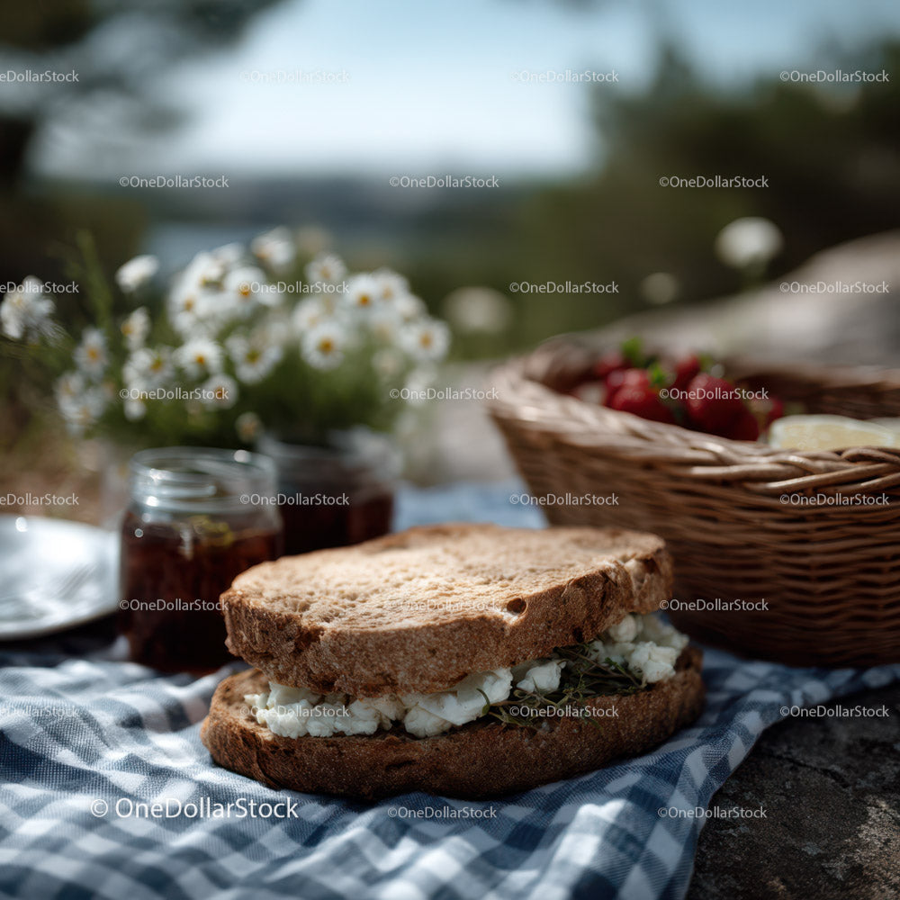 Outdoor Picnic with Fresh Baked Bread and Honey Jars in Sunlight