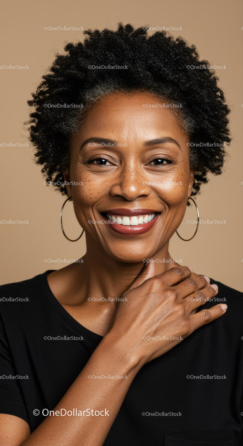 Confident Black Woman with Curly Hair and Bright Smile