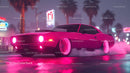 Pink Vintage Car with Neon Lights in Urban Night Scene