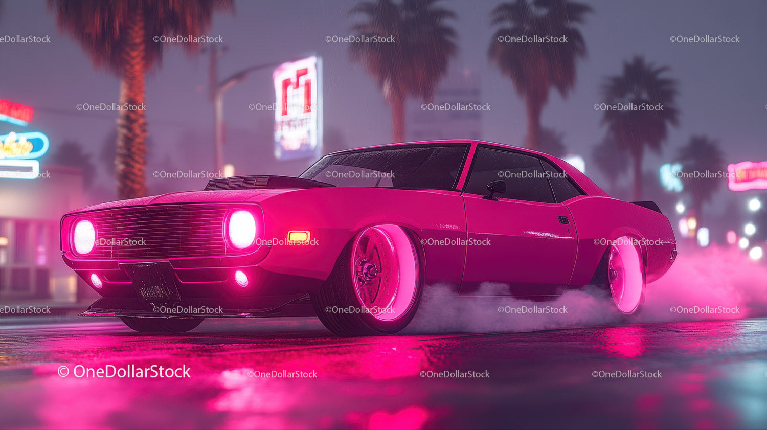 Pink Vintage Car with Neon Lights in Urban Night Scene