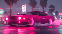 Pink Vintage Car with Neon Lights in Urban Night Scene