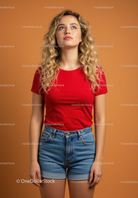 Young woman with curly hair wearing red shirt and denim shorts