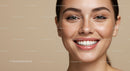Close up portrait of cheerful young woman with freckles
