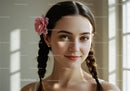 Beautiful Smiling Woman with Braided Hair and Pink Flower Accessory