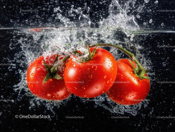 Fresh ripe tomatoes with water splash on black background