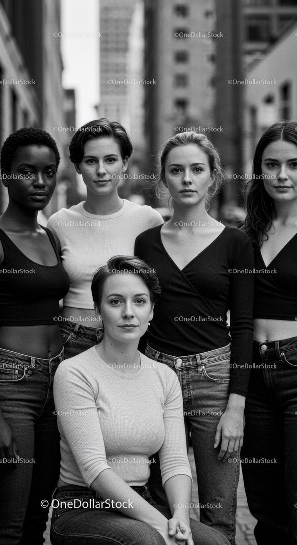 Confident group of diverse women posing in urban setting