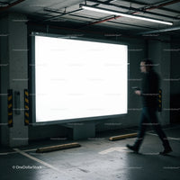 Man walking past illuminated blank billboard in parking garage