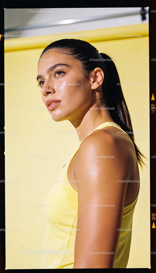 Focused young woman in yellow sportswear against bright backdrop