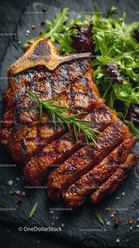Grilled Beef Ribs with Fresh Green Herbs on Plate