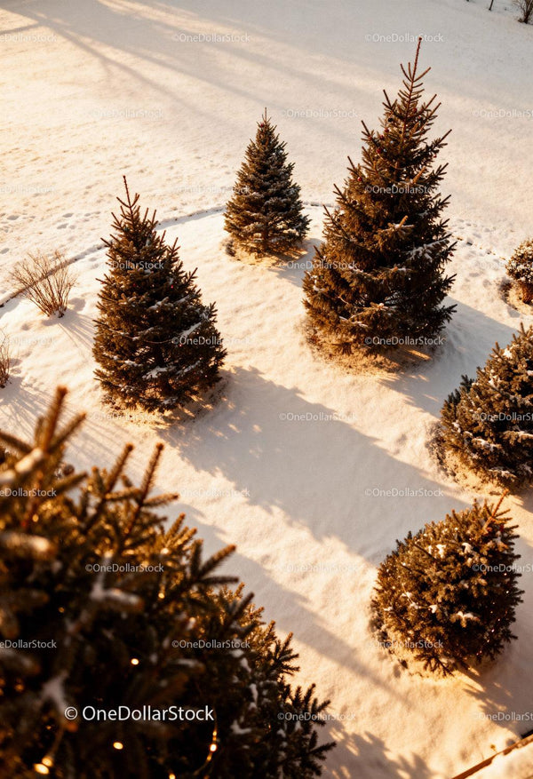 Snowy evergreen trees glowing in warm winter sunlight