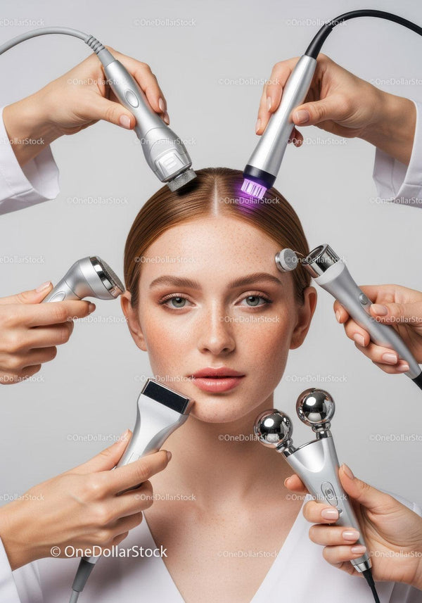 Professional Facial Treatment with Multiple Skincare Devices on Woman