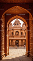 Ancient Indian Temple with Sandstone Architecture and Arched Gates