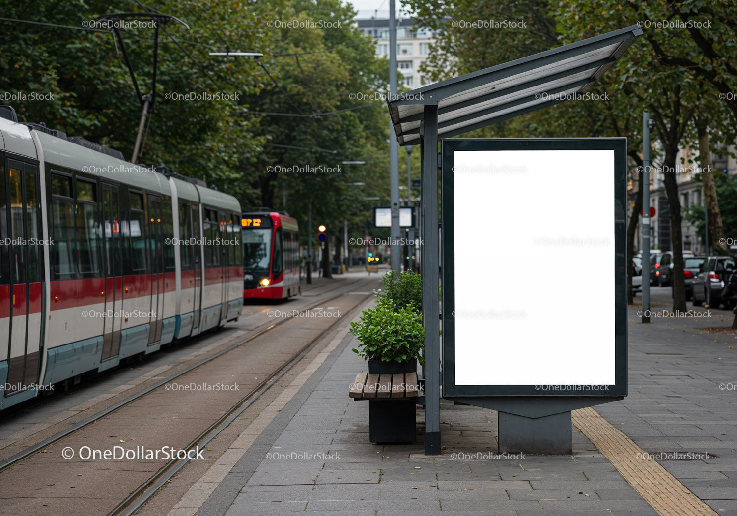 City Tram Station with Blank Billboard Advertisement