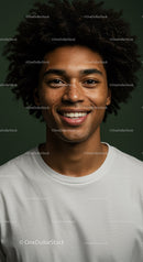 Young Man with Curly Hair Smiling Portrait in Casual T-Shirt