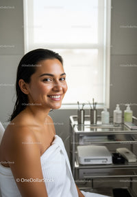 Smiling Woman Enjoying Skincare Treatment in Spa Setting