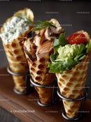 Salmon and Avocado Salad in Waffle Cones with Cherry Tomato Garnish