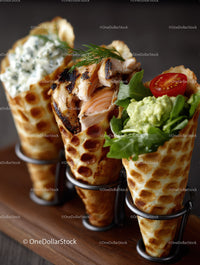 Salmon and Avocado Salad in Waffle Cones with Cherry Tomato Garnish