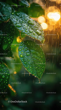 Close-up of Dew-covered Green Leaves with Sunlight Sparkles