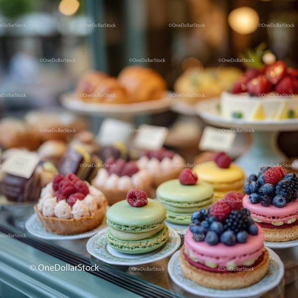 Colorful Macarons and Fruit Tarts Display in Bakery Shop