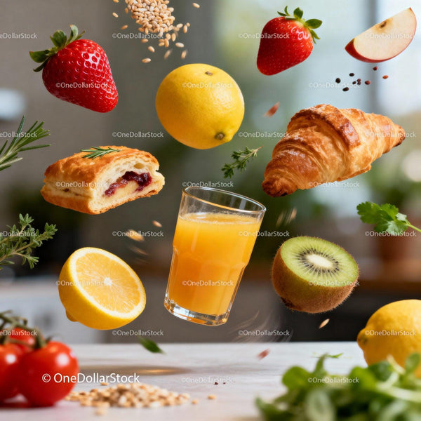 Fresh Breakfast Ingredients Floating Around Glass of Juice