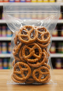 Salted pretzels packed in transparent resealable bag