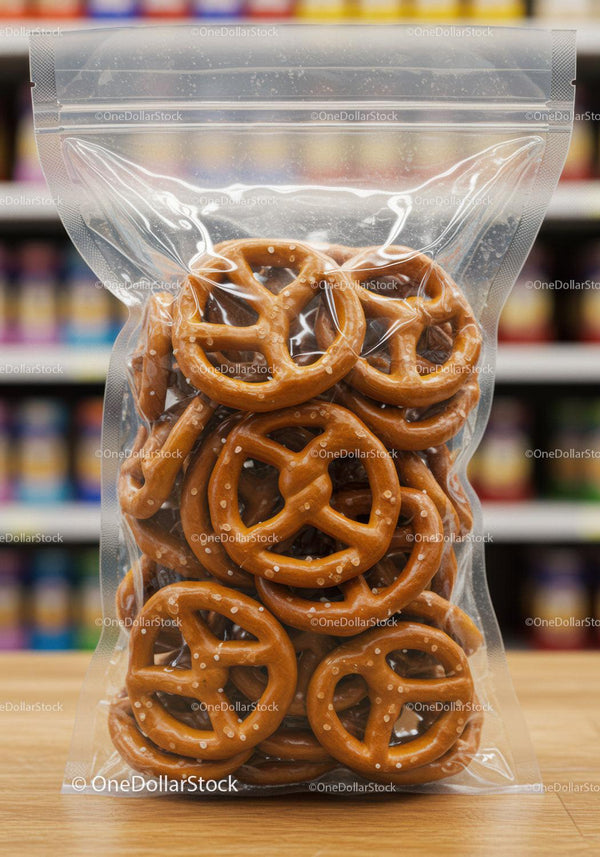 Salted pretzels packed in transparent resealable bag