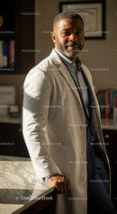 Confident Male Doctor in White Coat Standing in Modern Clinic