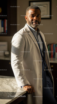 Confident Male Doctor in White Coat Standing in Modern Clinic