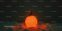 Surreal Silhouette of Person Sitting on a Glowing Orange Sphere Under Starry Sky