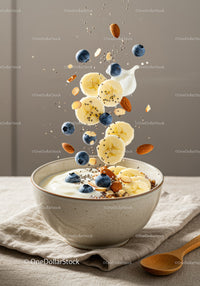 Healthy yogurt bowl with fresh fruits and nuts toppings