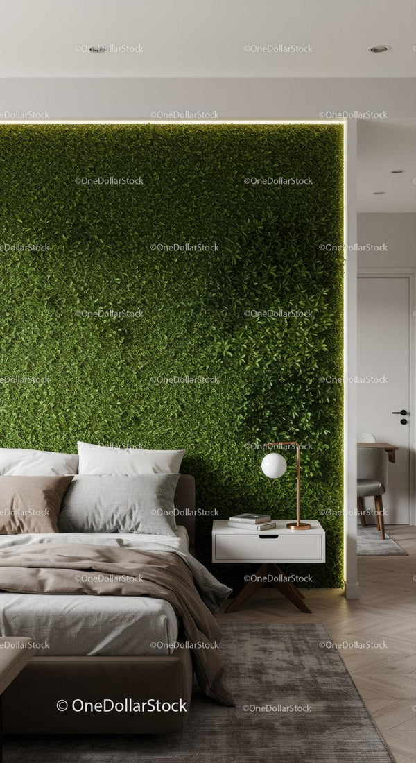 Stylish Bedroom with Green Plant Wall and Modern Decor