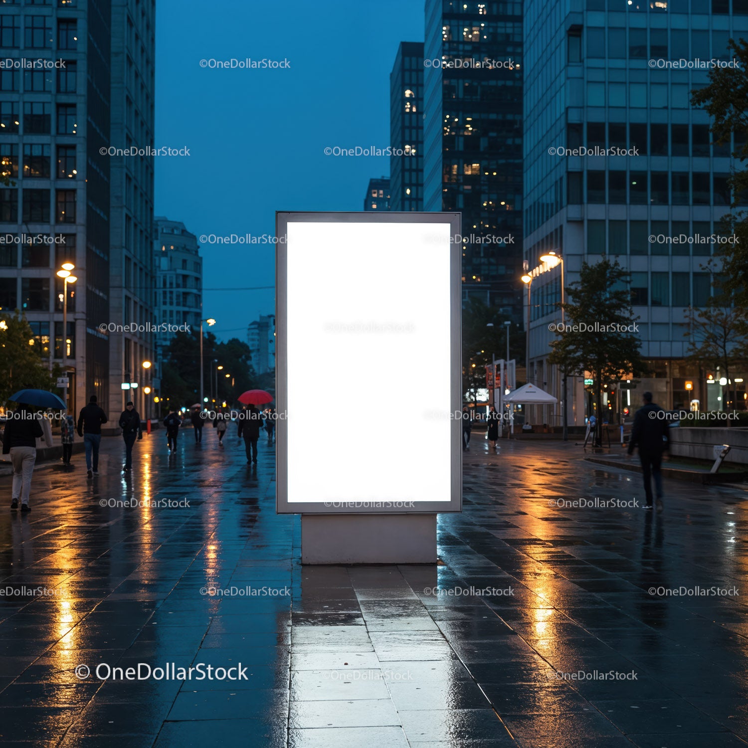 Illuminated urban billboard on a rainy evening street