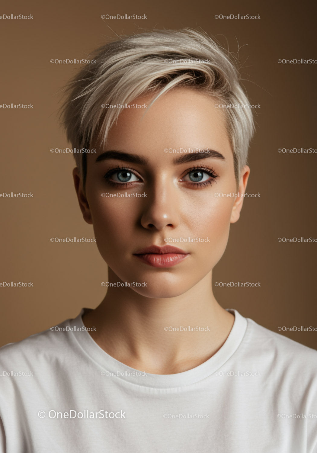 Portret młodej kobiety z krótkimi blond włosami i niebieskimi oczami