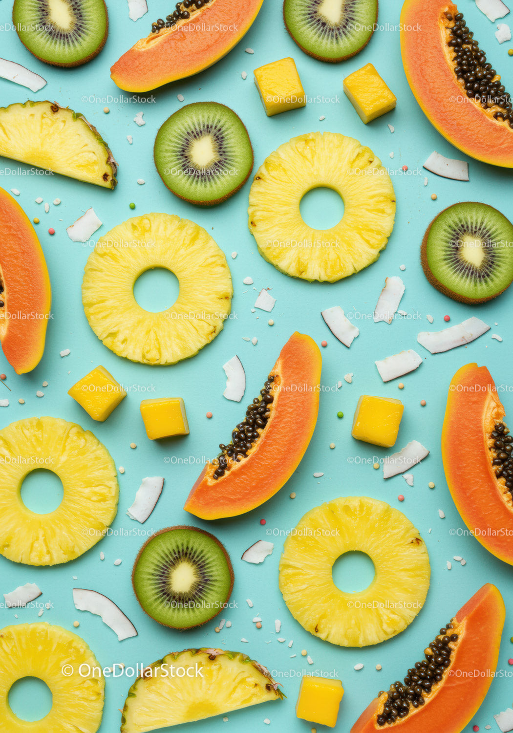 Fresh tropical fruits slices on bright blue surface