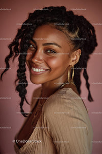 Joyful Smiling Woman with Braids and Golden Jewelry Portrait