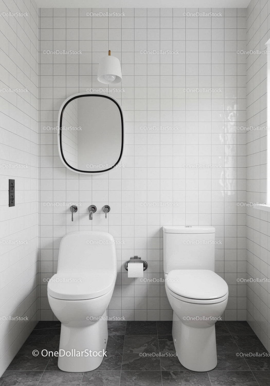 Minimalist White Bathroom with Wall Mirror and Modern Toilet