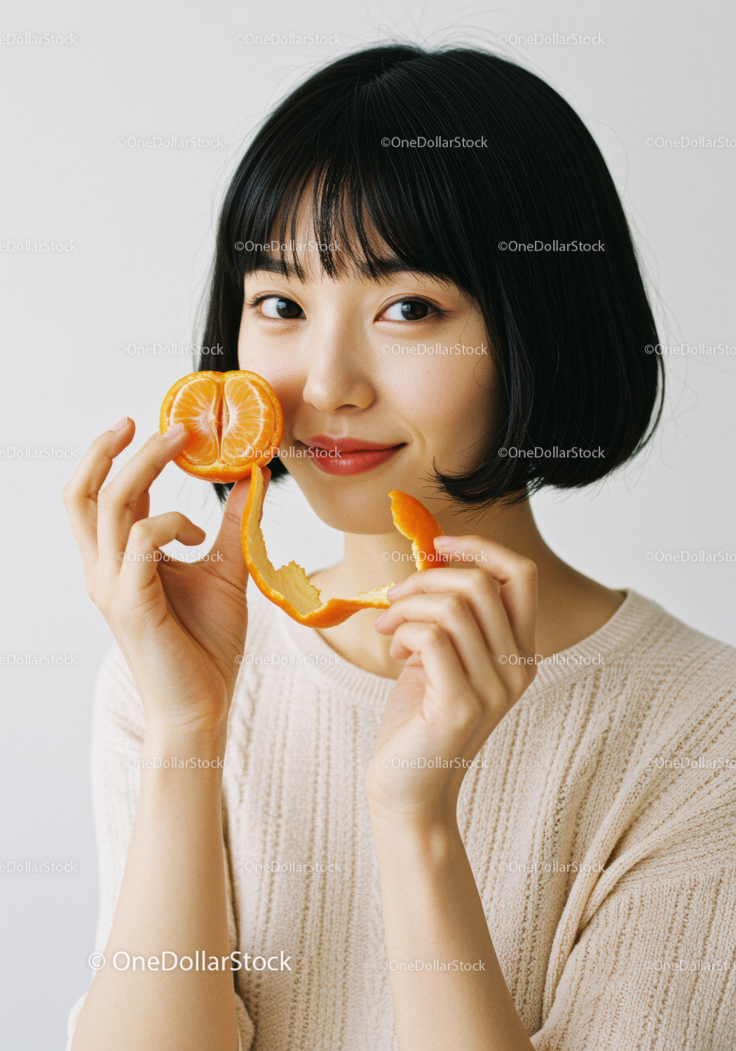 Portrait of a Smiling Woman Holding Fresh Orange and Peel