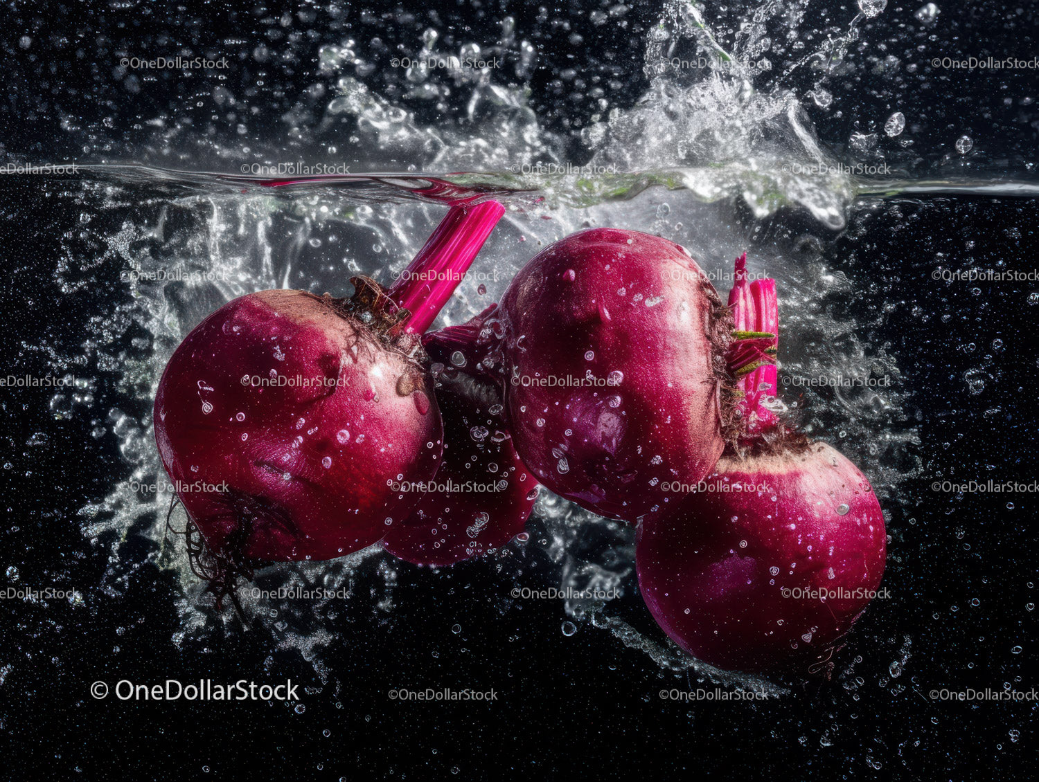 Fresh Red Radishes Underwater Splash with Vibrant Colors