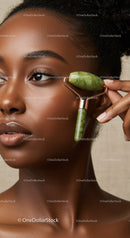 Elegant African Woman Using Jade Roller for Facial Skincare