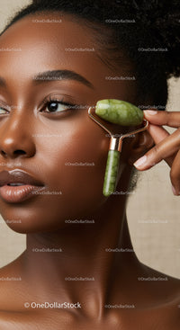 Elegant African Woman Using Jade Roller for Facial Skincare