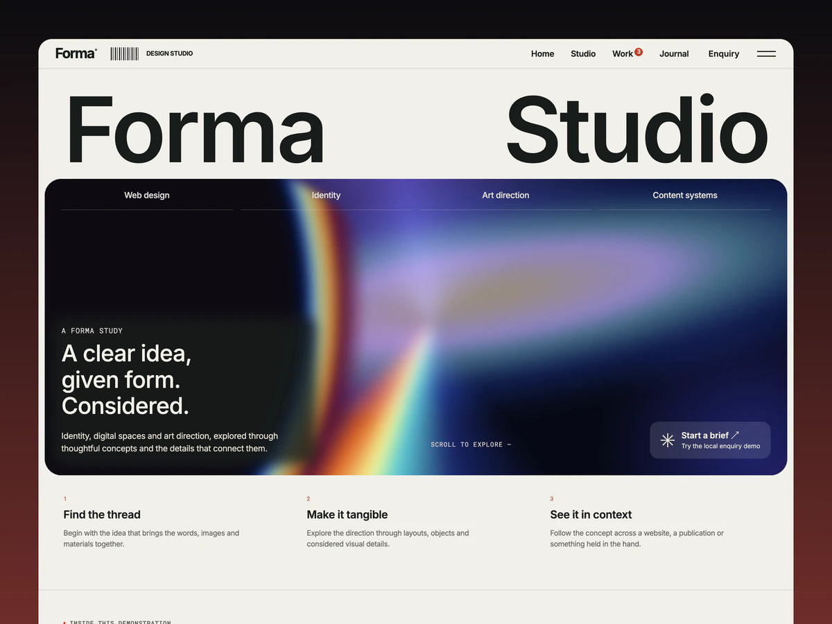 Forma Studio homepage preview featuring warm paper surfaces, dark green-black type, brick-orange accents and monospaced labels.