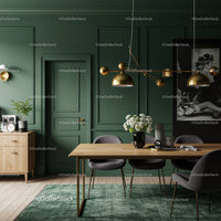 Stylish Green Wall Dining Room with Gold Pendant Lighting and Modern Decor